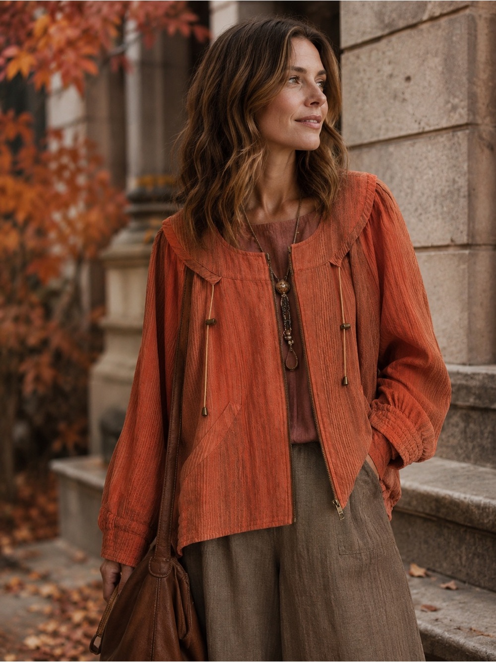 KELLO SCANDINAVIA ORANGE RUST HUES OF FALL ELEVATED CAMPFIRE LINEN JACKET US 12 - Picture 1 of 8